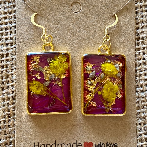Handmade Rectangular Earrings With Yellow Flowers On A Gold And Purple Mesh