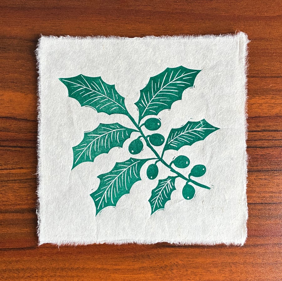 PERFECTLY IMPERFECT Green Holly Branch Original Lino Print