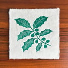 PERFECTLY IMPERFECT Green Holly Branch Original Lino Print