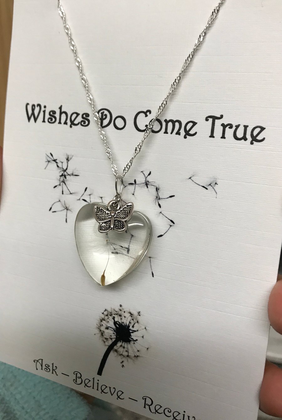 Real Dandelion Seed Heart Butterlfy Wish Necklace 