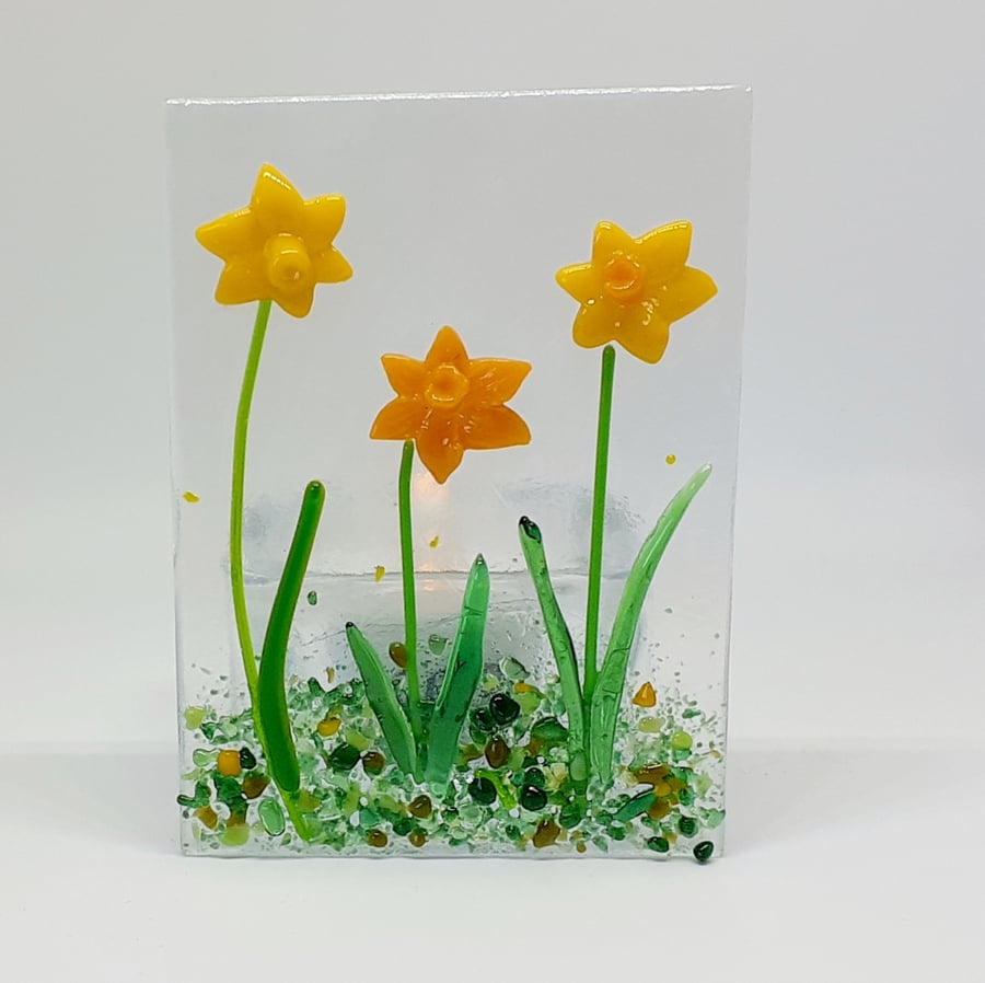 Fused glass tealight candle holder panel, daffodils