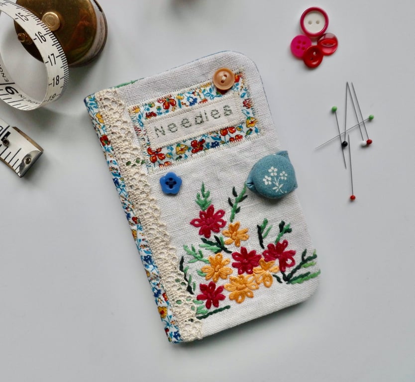 Sewing needle case with Liberty lawn and reclaimed embroidery 