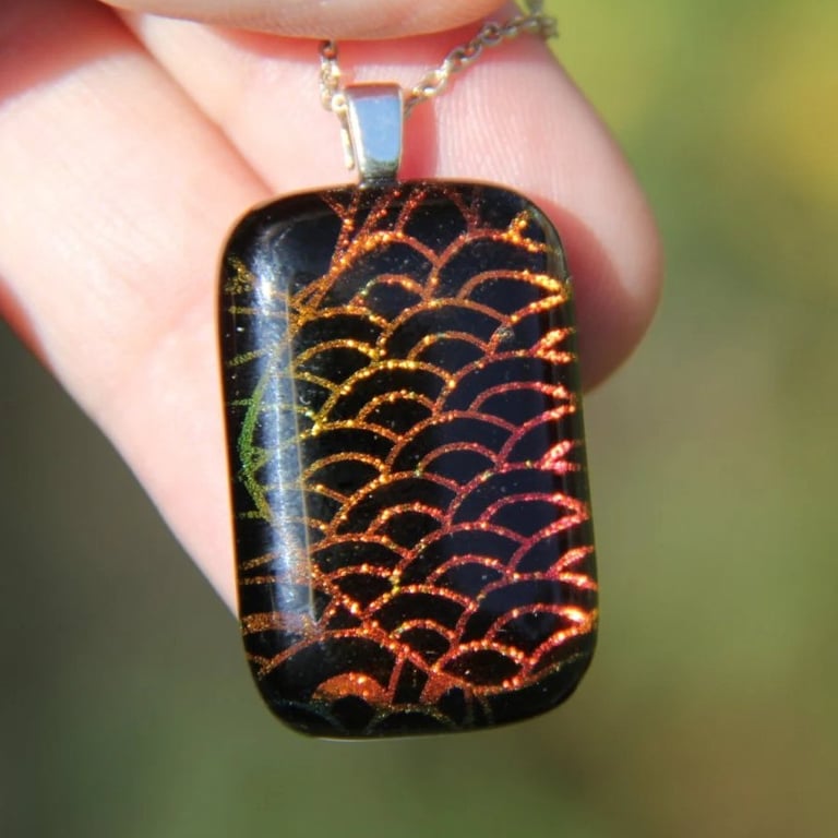 Red orange dichroic glass pendant, fused glass fish scale necklace SKU F49