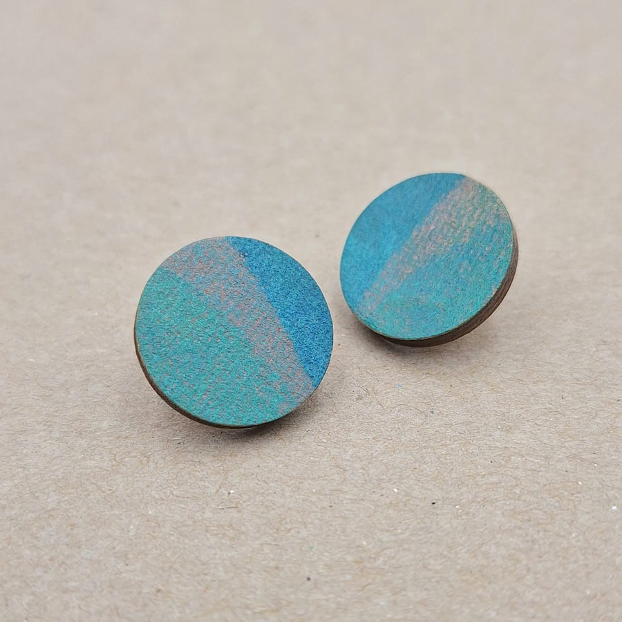 Blue, green and grey hand printed wooden disc stud earrings