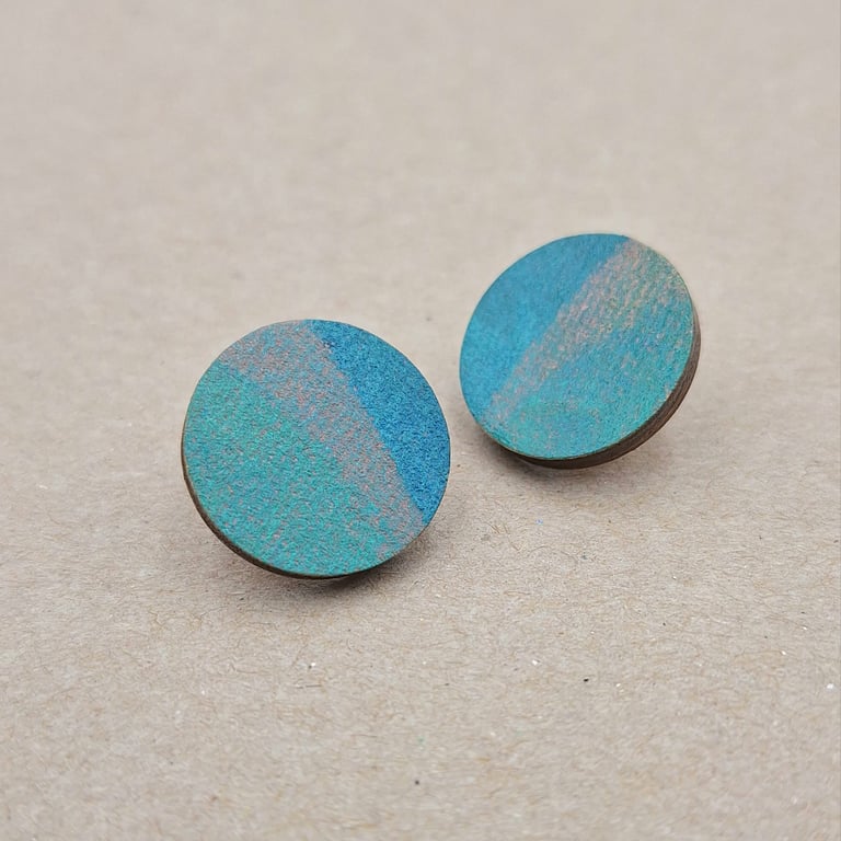 Blue, green and grey hand printed wooden disc stud earrings