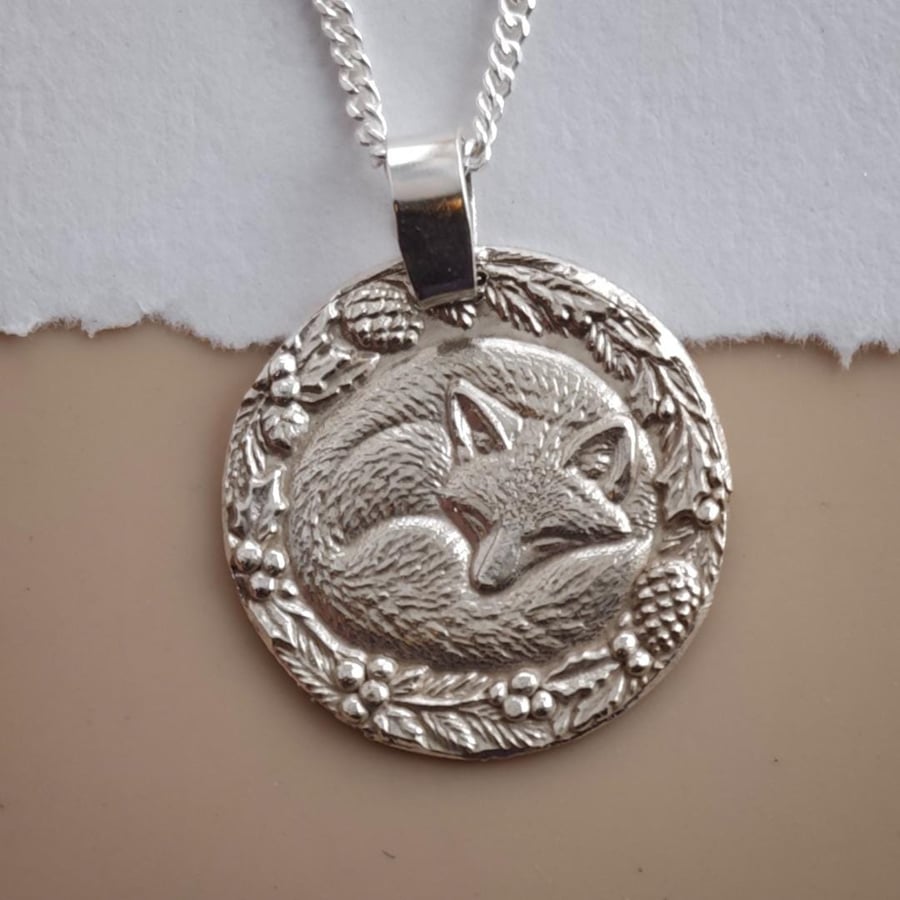 Fox Coin Necklace Deep Engraved Recycled Sterling Silver Winter Gift