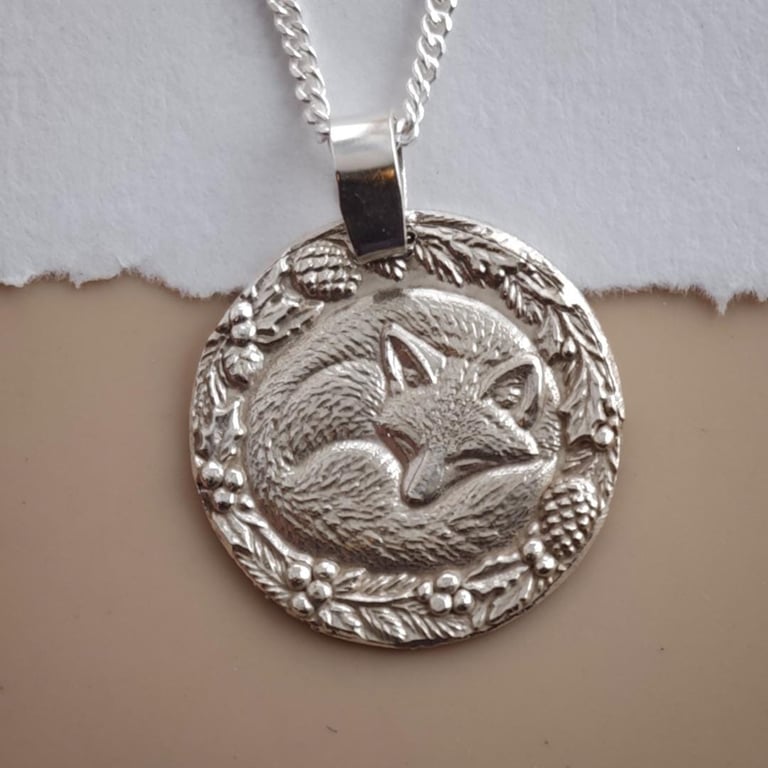 Fox Coin Necklace Deep Engraved Recycled Sterling Silver Winter Gift