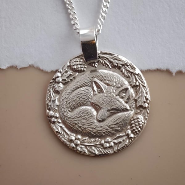 Fox Coin Necklace Deep Engraved Recycled Sterling Silver Winter Gift