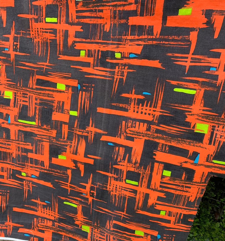 Large Piece Of Vibrant Orange Black Abstract 60s 50s Vintage Fabric