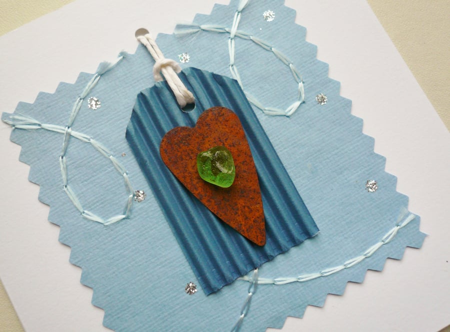 Light Blue and Rusty Heart Sea Glass Embellished Greetings Card