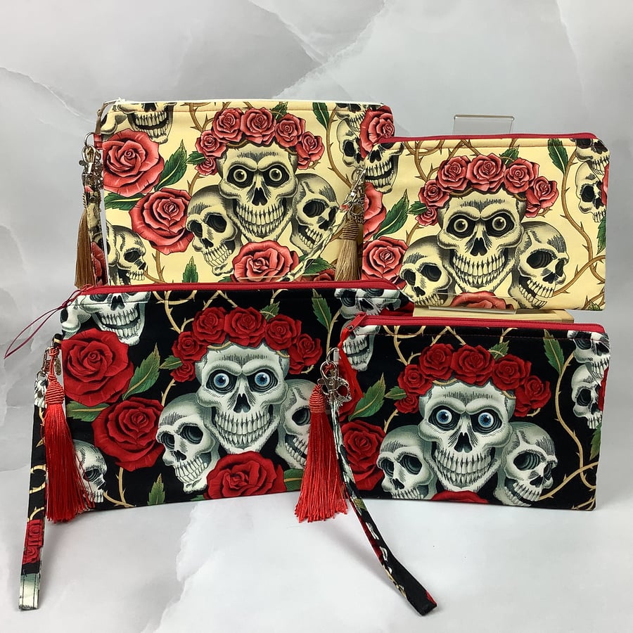 Gothic skulls zip clutch with wrist strap silky tassel charm & ribbon 4 options
