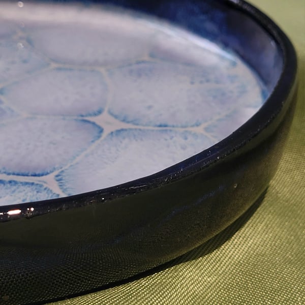 Medium patterned blue ceramic plate handmade pottery