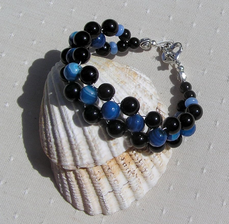 Black Onyx & Blue Jade Crystal Gemstone Woven Beaded Bracelet "Neptune"