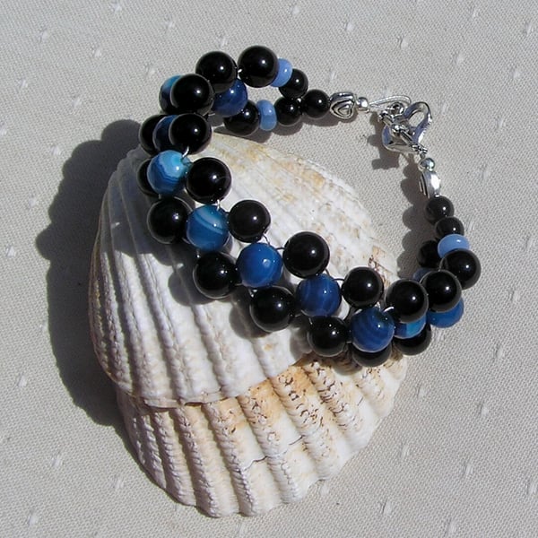 Black Onyx & Blue Jade Crystal Gemstone Woven Beaded Bracelet "Neptune"
