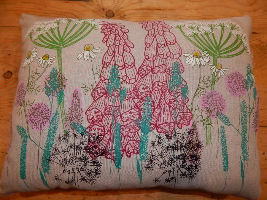 Made for Lindsey - Wild flower Pink and Green Hedgerow- Screen Printed Cushion