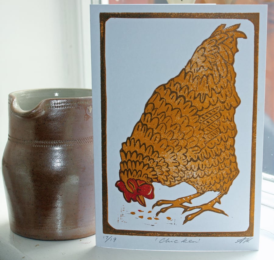 Chicken Reduction Lino Cut Hand printed Card 
