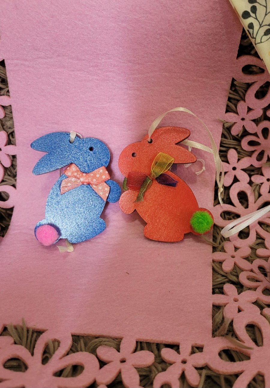 Set of Two Hand Decorated Easter Bunny Wooden Shapes - Red and Blue