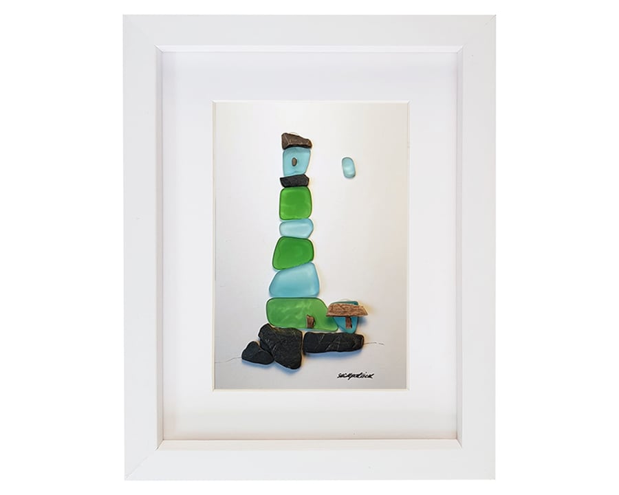 Blue & Green Lighthouse - Sea Glass & Pebble Picture Framed Unique Handmade Art