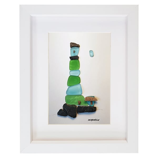 Blue & Green Lighthouse - Sea Glass & Pebble Picture Framed Unique Handmade Art