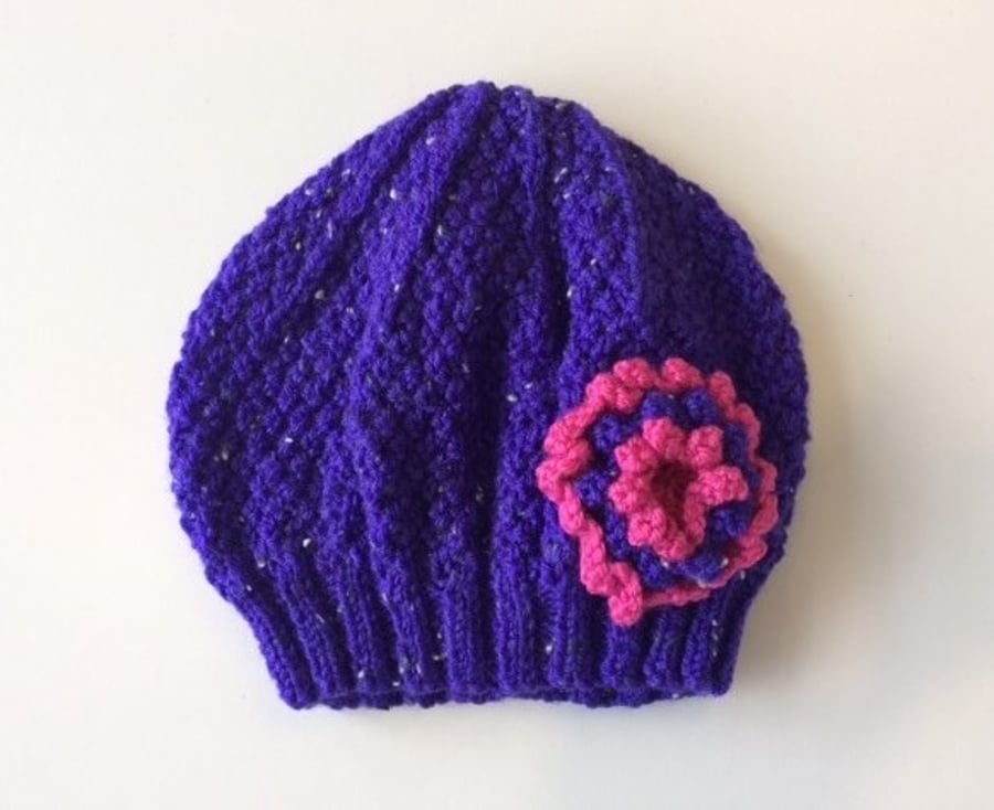 Girls Beanie Hat Purple & Strawberry Pink Size Medium 5 to 10 years