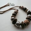 Chunky Nut Brown and Silver Beaded Necklace   KCJ783