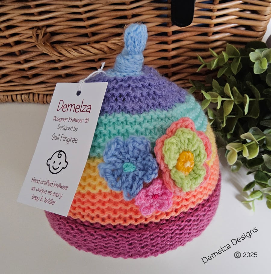 Designer Hand Knitted Baby Girl's Rainbow Flower Hat  0- 6 Months Size 