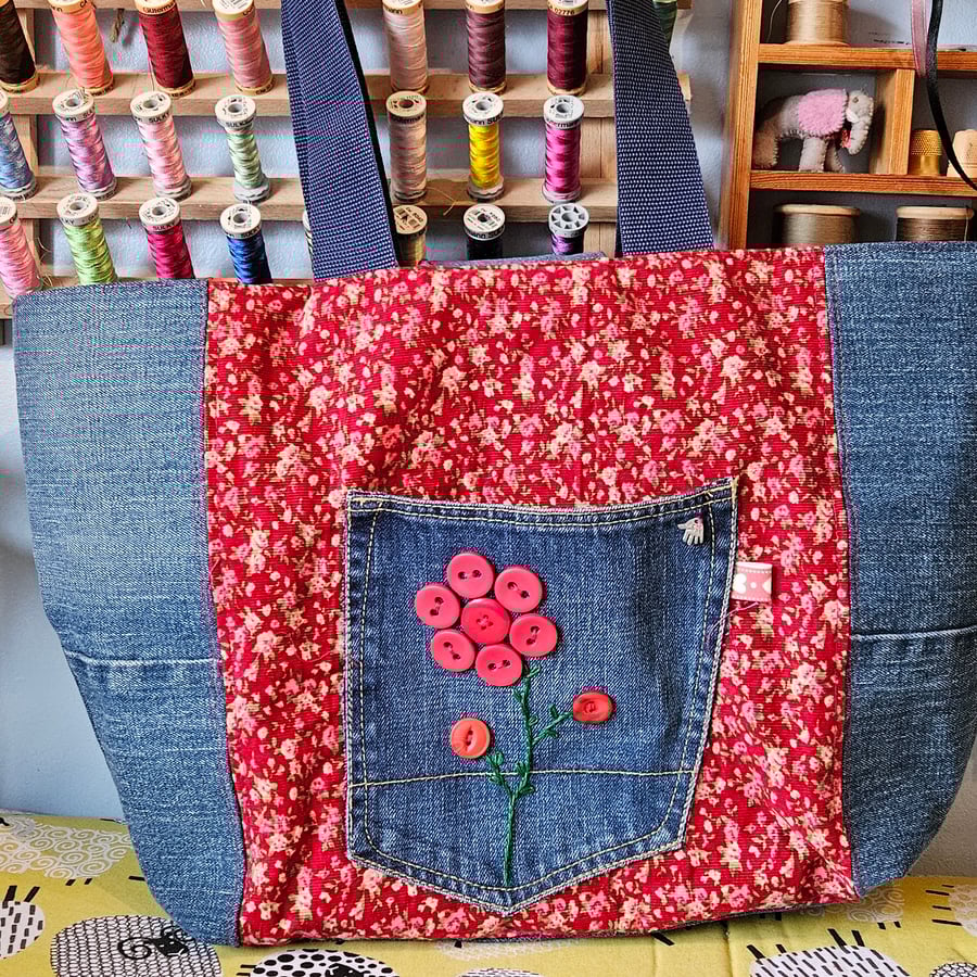 Denim Tote-Shopper Bag, Upcycled. 