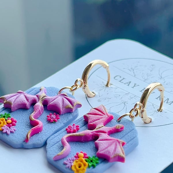 Handmade Clay Dragon Earrings - Mystical Fantasy Gift for Her - Magical Jewllery