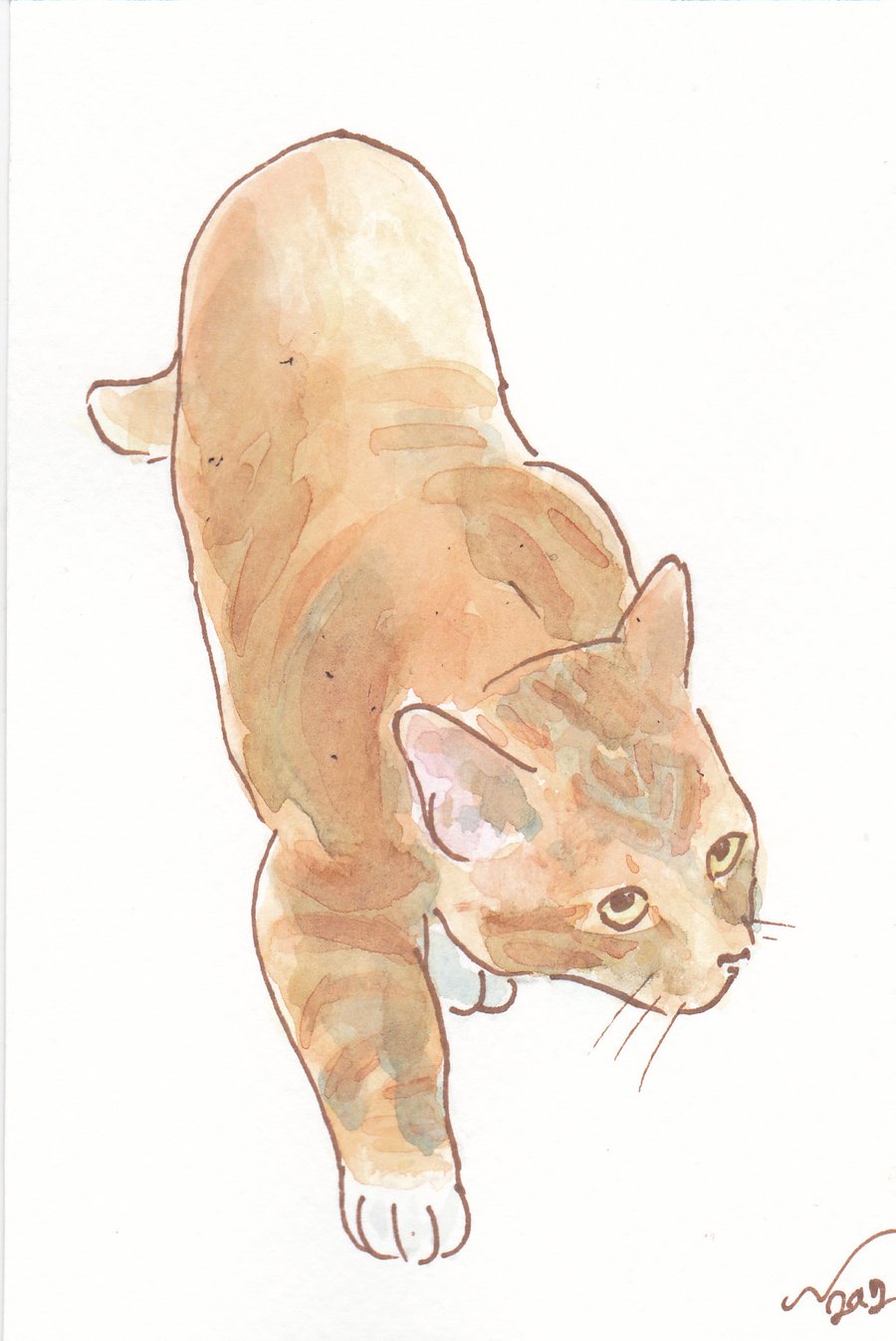 OSWOA Cat Hunt Original Watercolour & Ink Painting 4x6 OOAK