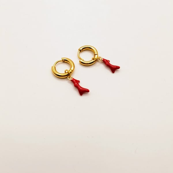 Gold steel hoop huggie earrings with red coral enamel drops