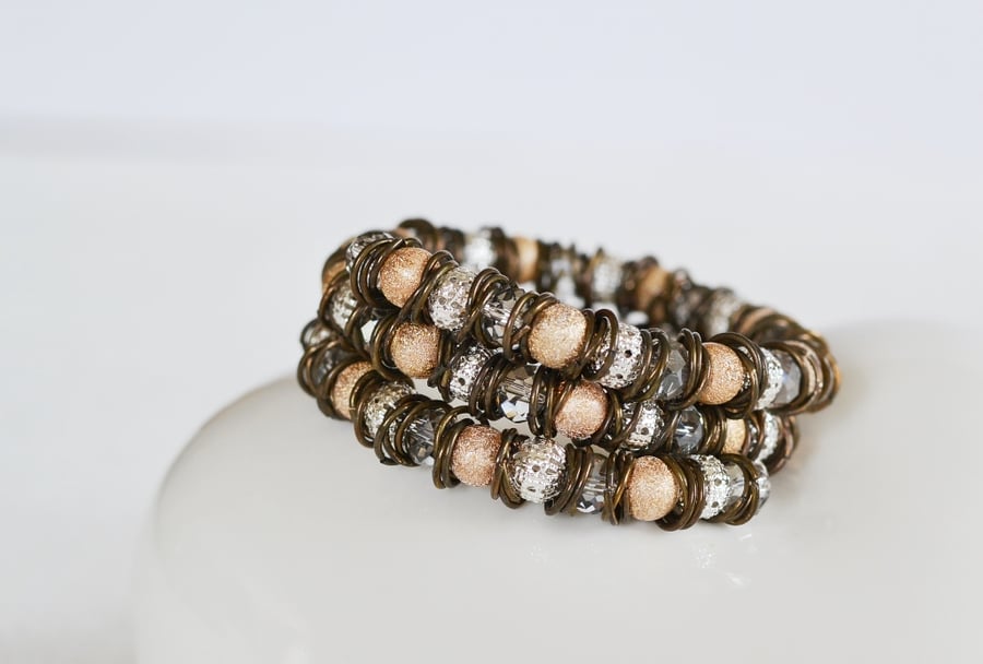 Silver and Gold Hoop and Beaded Wrap  Around Bracelet