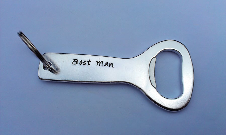 Hand stamped personalised bottle opener keyring Usher, Best Man