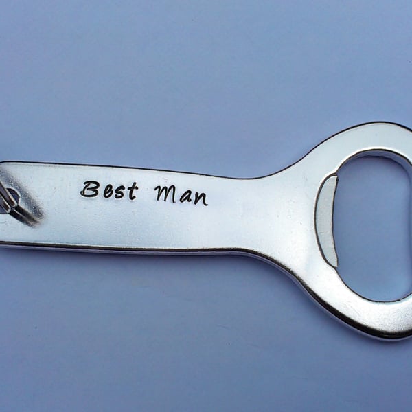 Hand stamped personalised bottle opener keyring Usher, Best Man