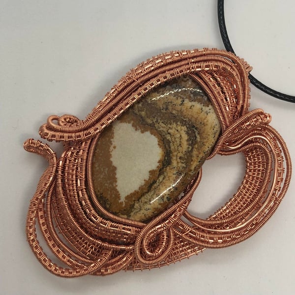 Inception Copper Wire Weave Jasper Pendant, handmade