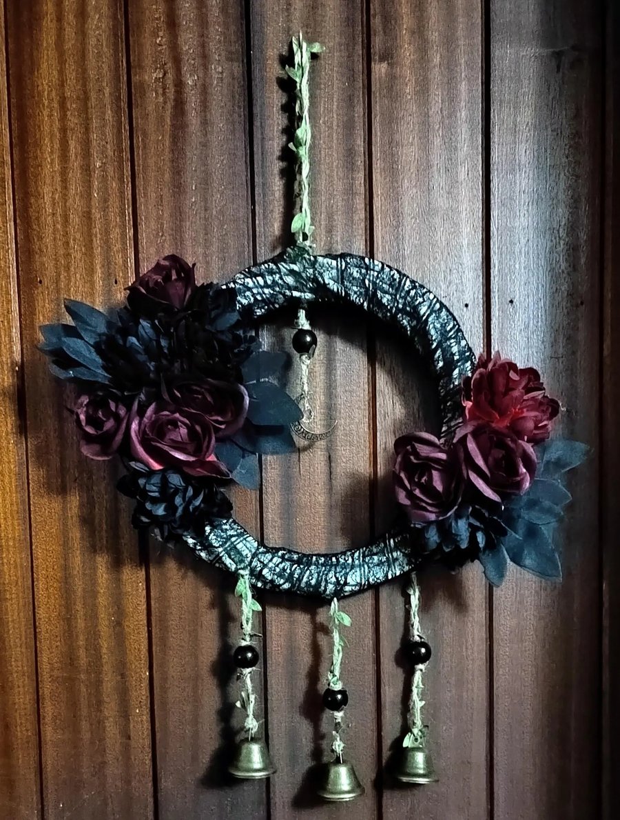 Gothic Black Lace Wreath with Dark Red Roses, Crescent Moon Witchy Home Décor