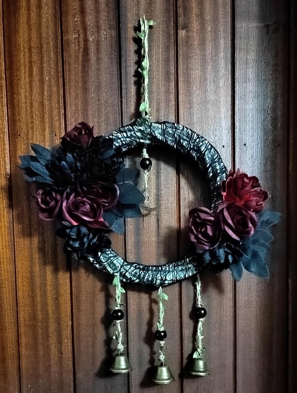 Gothic Black Lace Wreath with Dark Red Roses, Crescent Moon Witchy Home Décor