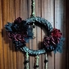 Gothic Black Lace Wreath with Dark Red Roses, Crescent Moon Witchy Home Décor