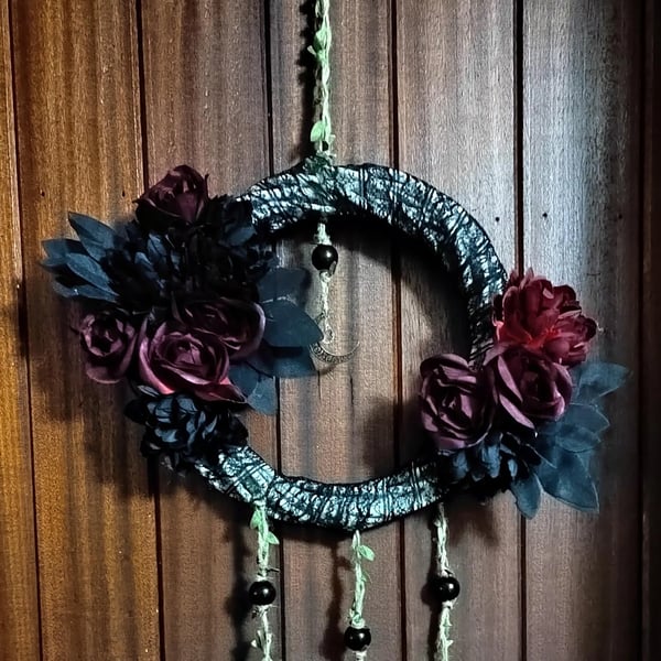 Gothic Black Lace Wreath with Dark Red Roses, Crescent Moon Witchy Home Décor