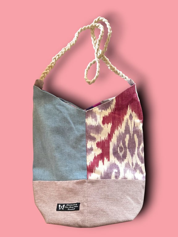 Sustainable Crossbody Bag – Denim, Check Fabric & Pinky-Purple Accents
