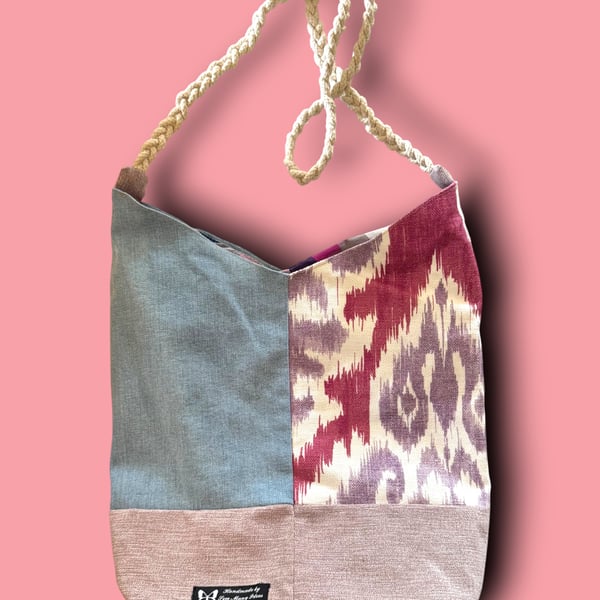 Sustainable Crossbody Bag – Denim, Check Fabric & Pinky-Purple Accents