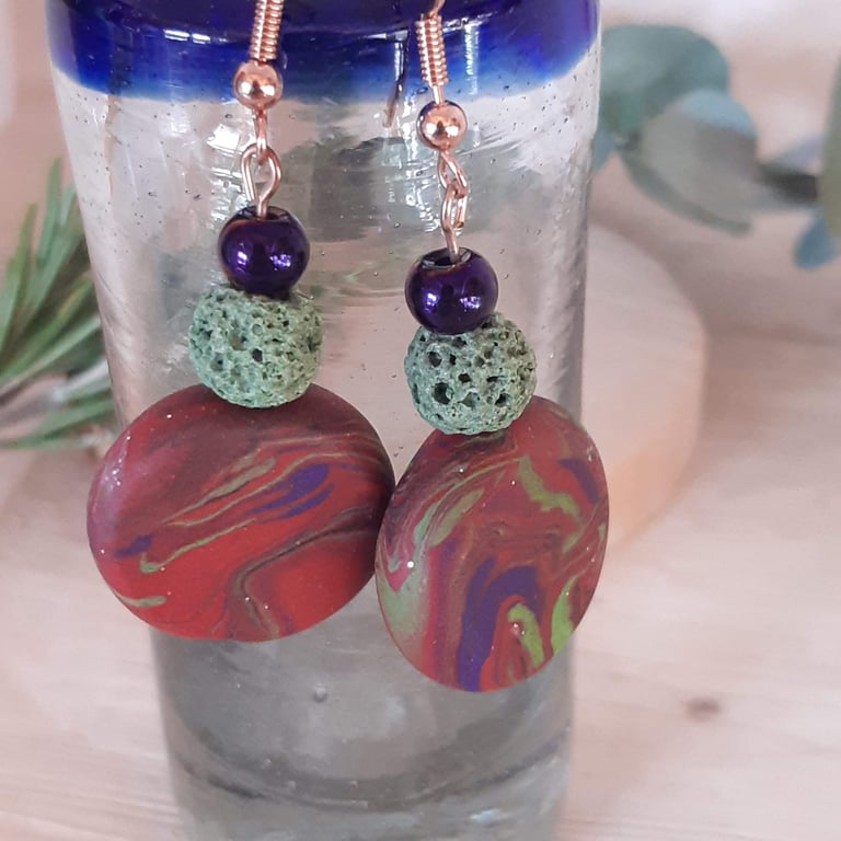 Handmade Polymer Clay Dangly Disc Earrings - Brick Red Swirl