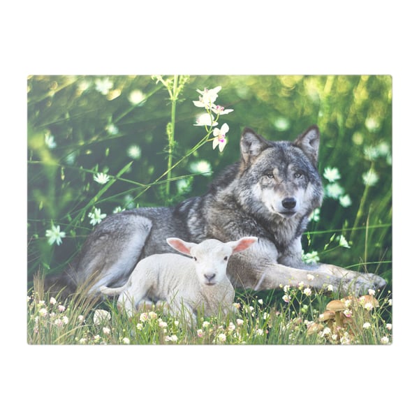 Wolf & Lamb In Peaceful Pose Glass Chopping Board