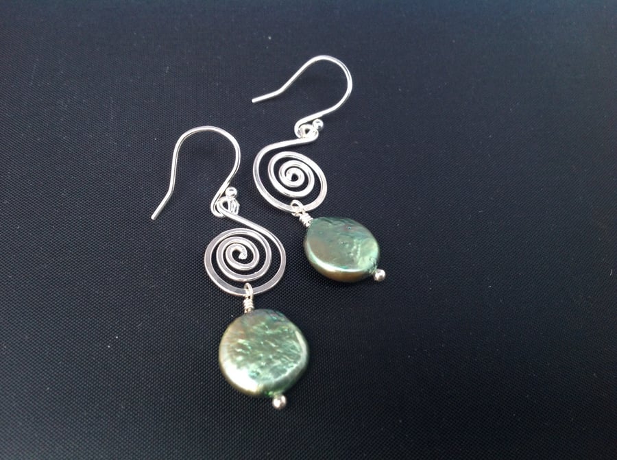 Silver and pearl large swirl earrings