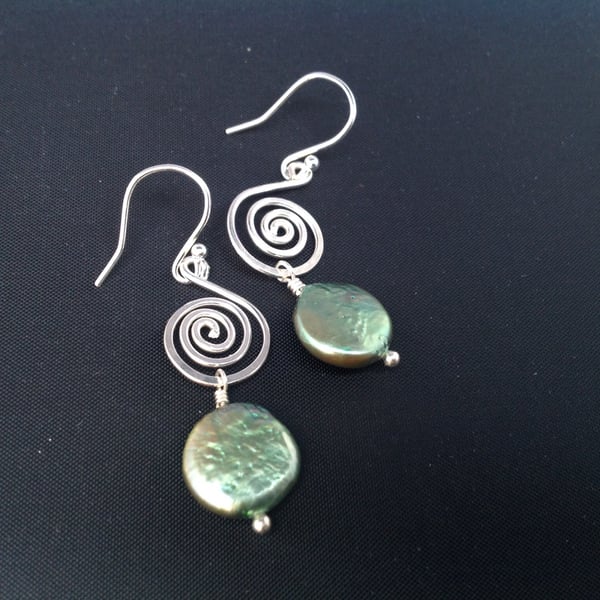 Silver and pearl large swirl earrings