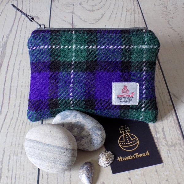 Harris Tweed large coin purse. Tartan weave in purple, green, black and white