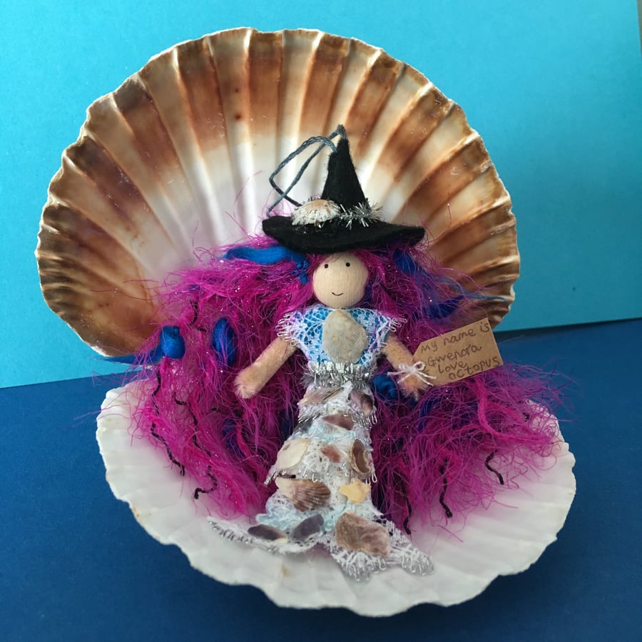 Image of Tiny Sea Witch Mermaid Doll Hanging Decoration, Pink And Blue