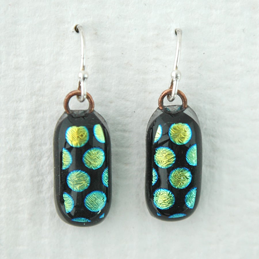 Spotty Fused Glass Black Dichroic Drop Earrings