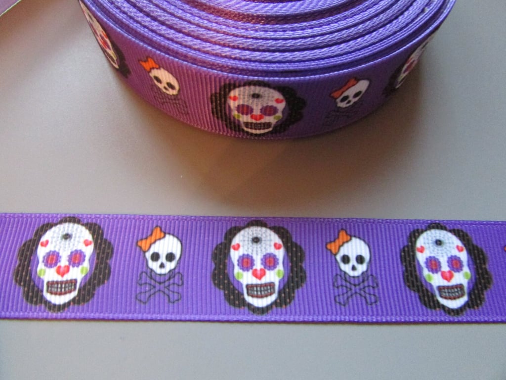 Sugar Skull Purple Calaveras Day of the dead Grosgrain Ribbon x 1 metre