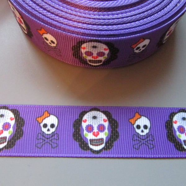 Sugar Skull Purple Calaveras Day of the dead Grosgrain Ribbon x 1 metre