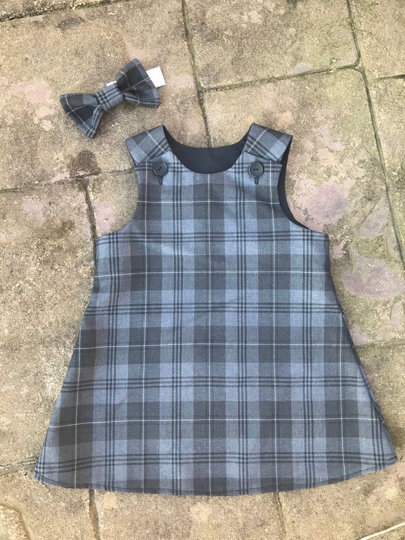 Grey Granite Tartan Pinafore Dress and Hair Bow
